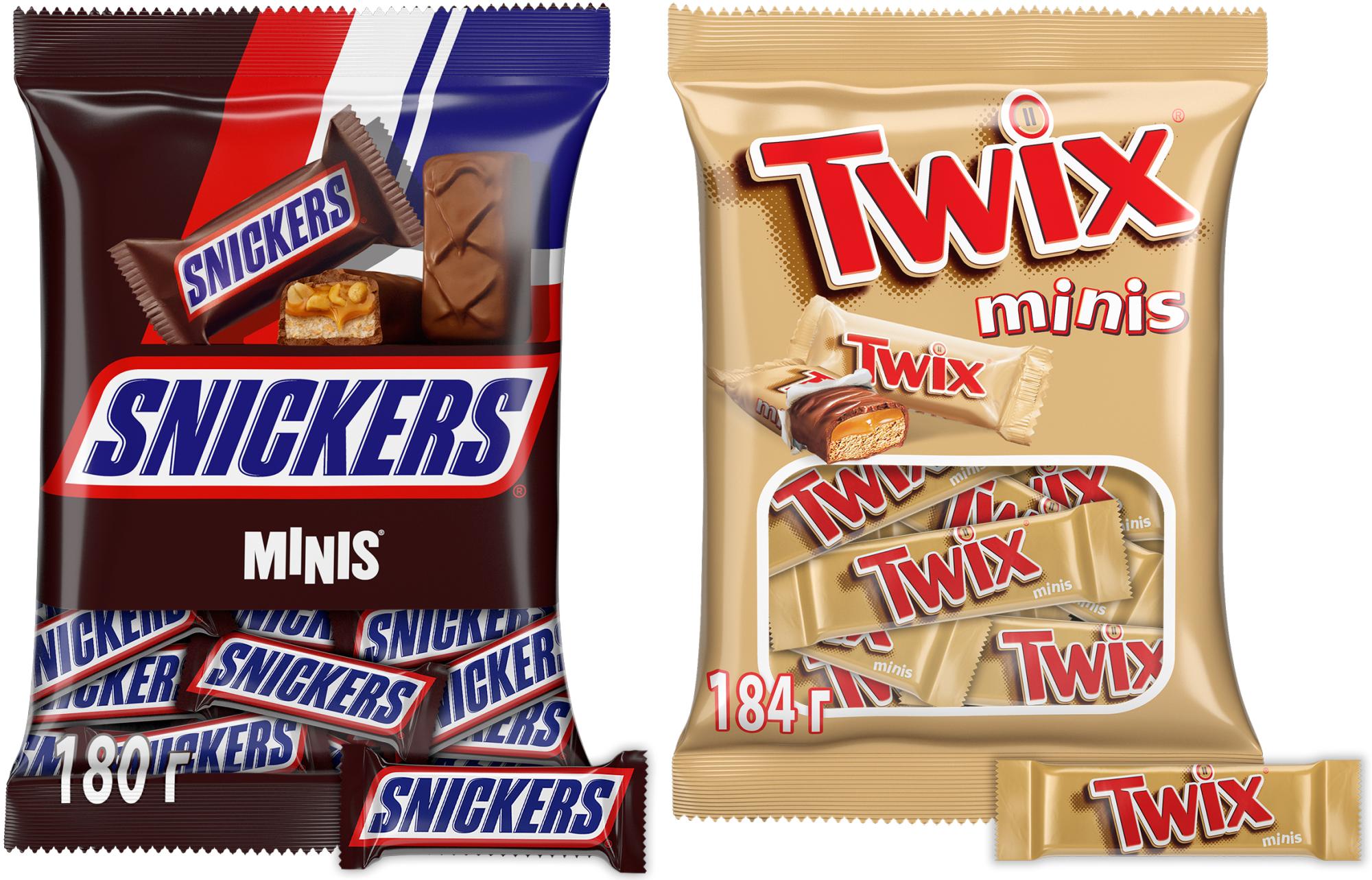 Купить ассорти MinisMix шоколадные конфеты Snickers (2х180г), Twix (2х184г)  в Москве в каталоге конфеты с доставкой. Характеристики, цены в  интернет-магазине iCover.