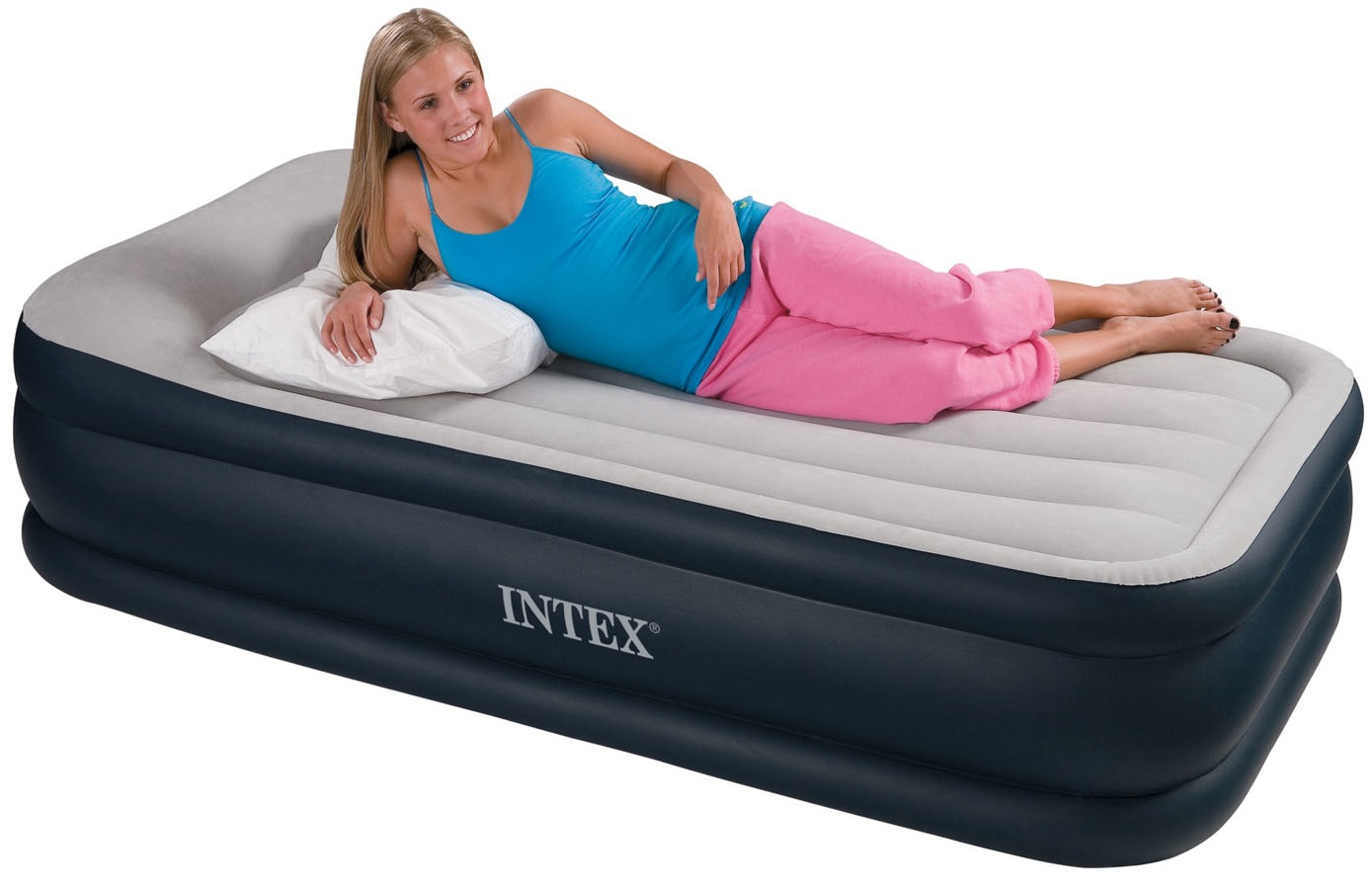 Купить intex Deluxe Pillow Rest Raised Bed (с67732) - надувной односпальный  матрас со встроенным насосом (Blue/Grey) в Москве в каталоге надувных  матрасов и кроватей с доставкой. Характеристики, цены в интернет-магазине  iCover.