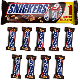 Шоколадный батончик Snickers, пачка, 9 шт, по 40 г купить в интернет-магазине icover