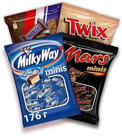 Ассорти MinisMix шоколадные конфеты Snickers (180г), Mars (182г), Twix (184г), Milky Way (176г) купить в интернет-магазине icover